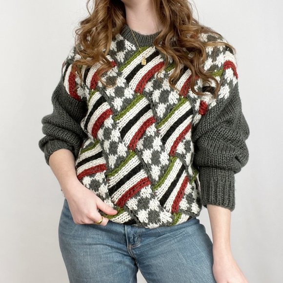 Vintage Chunky Knit Woven Plaid Argyle Striped Oversized Sweater Slouchy Cozy XL - Picture 8 of 8